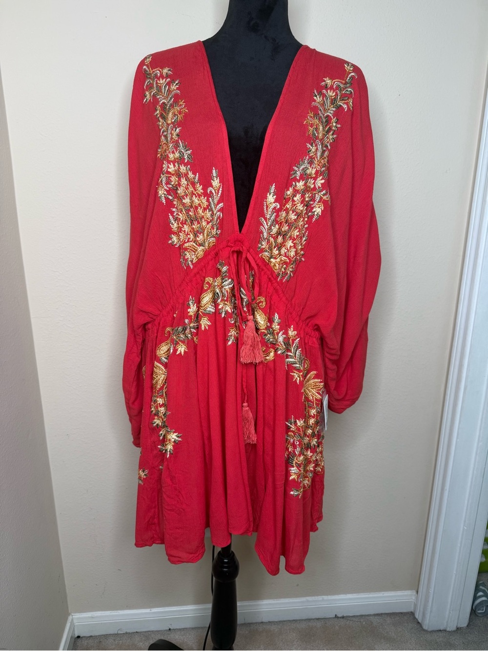 Free People Red Mini Dress with Gold Embroidery - Picture 3 of 8